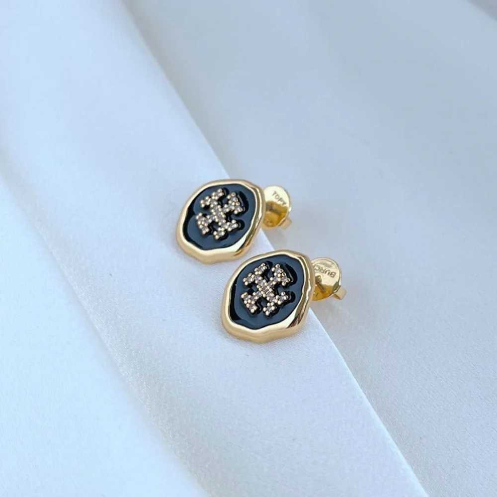 Tory Burch Gold and Black Logo Stud Earrings
